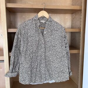 Ann Mashburn button down, brown and white giraffe print.